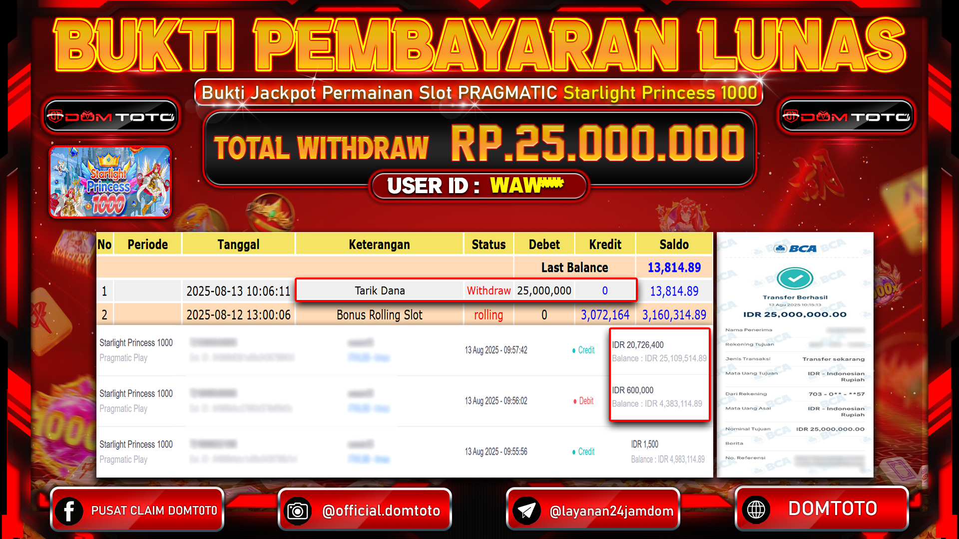 JACKPOT SLOT STARLIGHT PRINCESS 1000 13 AGUSTUS  2025